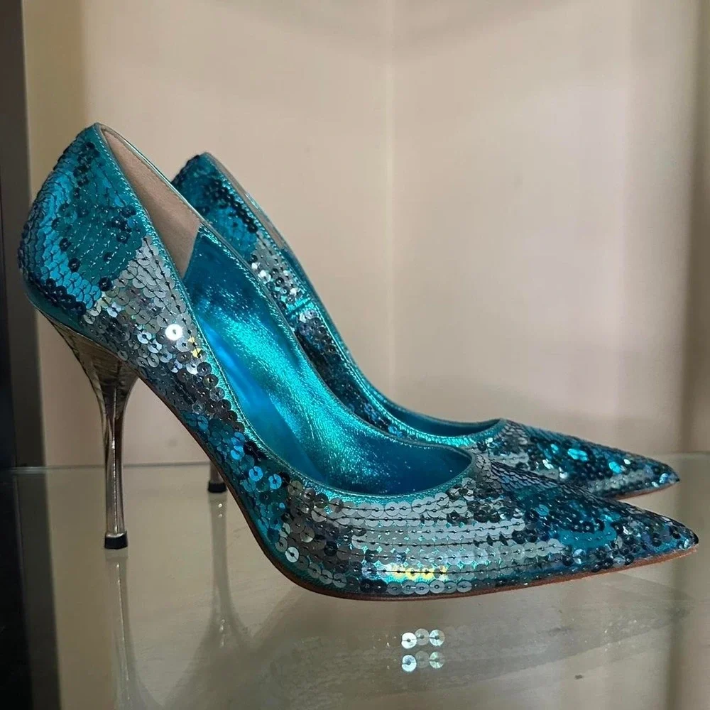 Blue leather blue sequin with polka dots pointy y2k style pump